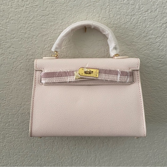 HOUSE OF HELLO Epsom Light Pink Leather Gold Satchel Bag Crossbody Dual Strap B4 - Picture 10 of 11